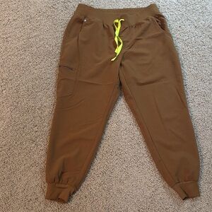 Figs Brown Joggers with Neon Yellow Drawstring